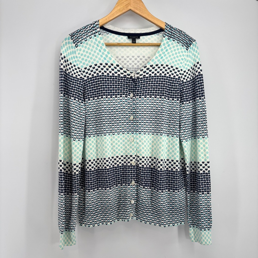Talbots Women Cardigan Sweater Navy Teal Polka Dot Stripe Button Up Size Large